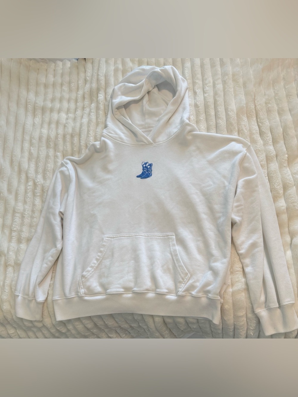 Hollister White Hoodie with Blue Embroidered Boots Logo
